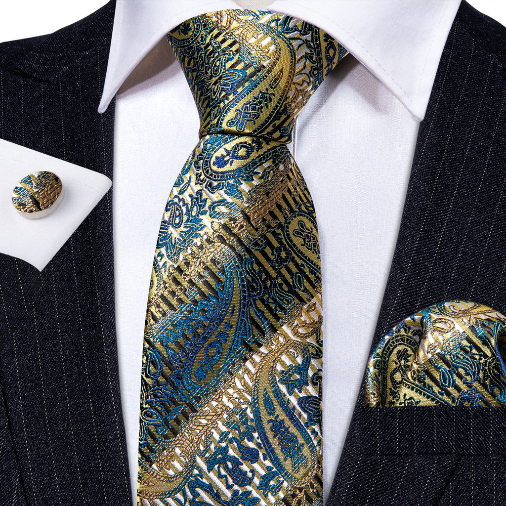 Gold Blue Paisley Silk Tie, Pocket Square and Cufflinks Set tie sets - Sophisticated Gentlemen