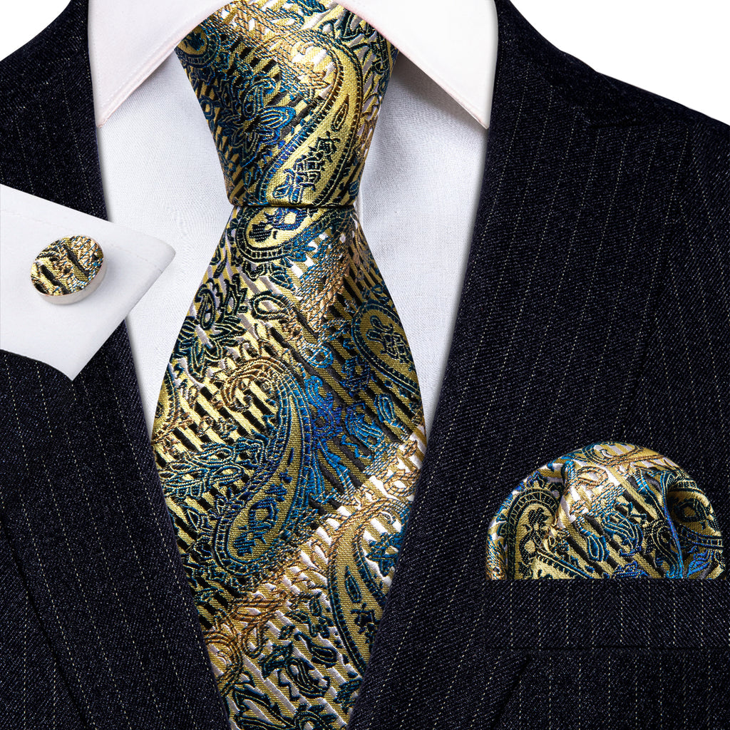 Gold Blue Paisley Silk Tie, Pocket Square and Cufflinks Set tie sets - Sophisticated Gentlemen