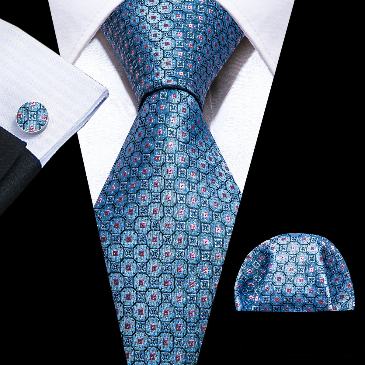 Blue Pink Plaid Silk Tie, Pocket Square and Cufflinks Set tie sets - Sophisticated Gentlemen