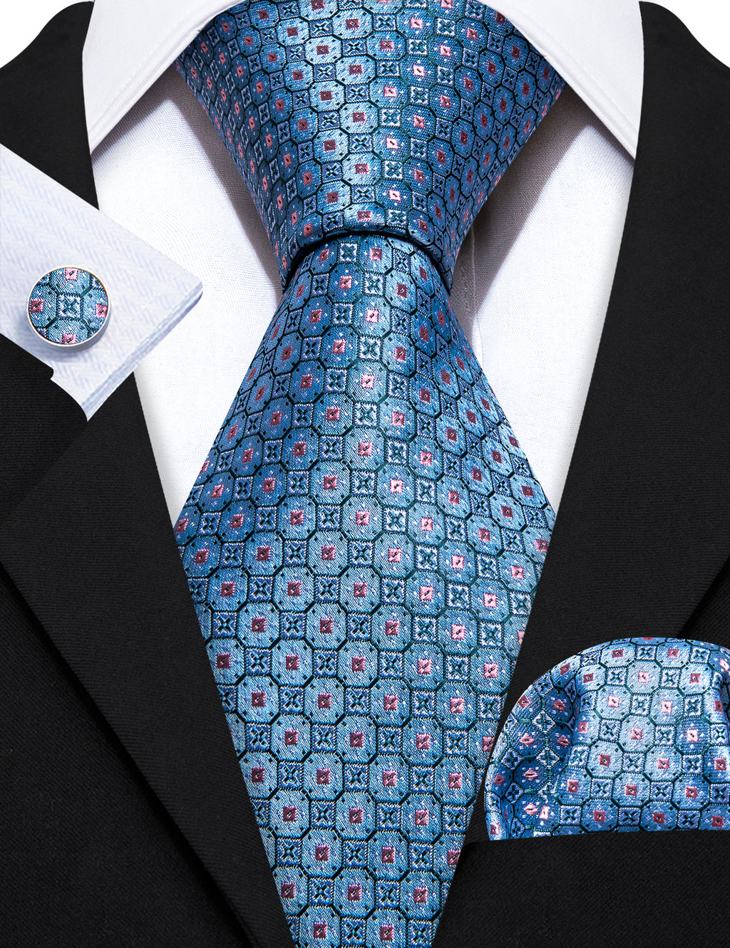 Blue Pink Plaid Silk Tie, Pocket Square and Cufflinks Set tie sets - Sophisticated Gentlemen