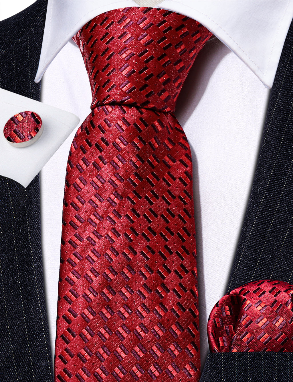Red Novelty Silk Tie, Pocket Square and Cufflinks Set tie sets    - Sophisticated Gentlemen