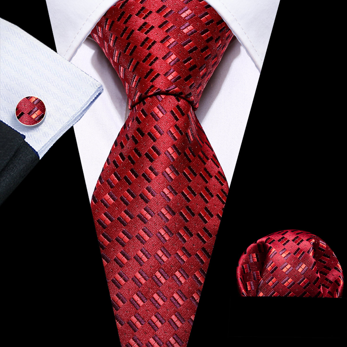 Red Novelty Silk Tie, Pocket Square and Cufflinks Set tie sets    - Sophisticated Gentlemen