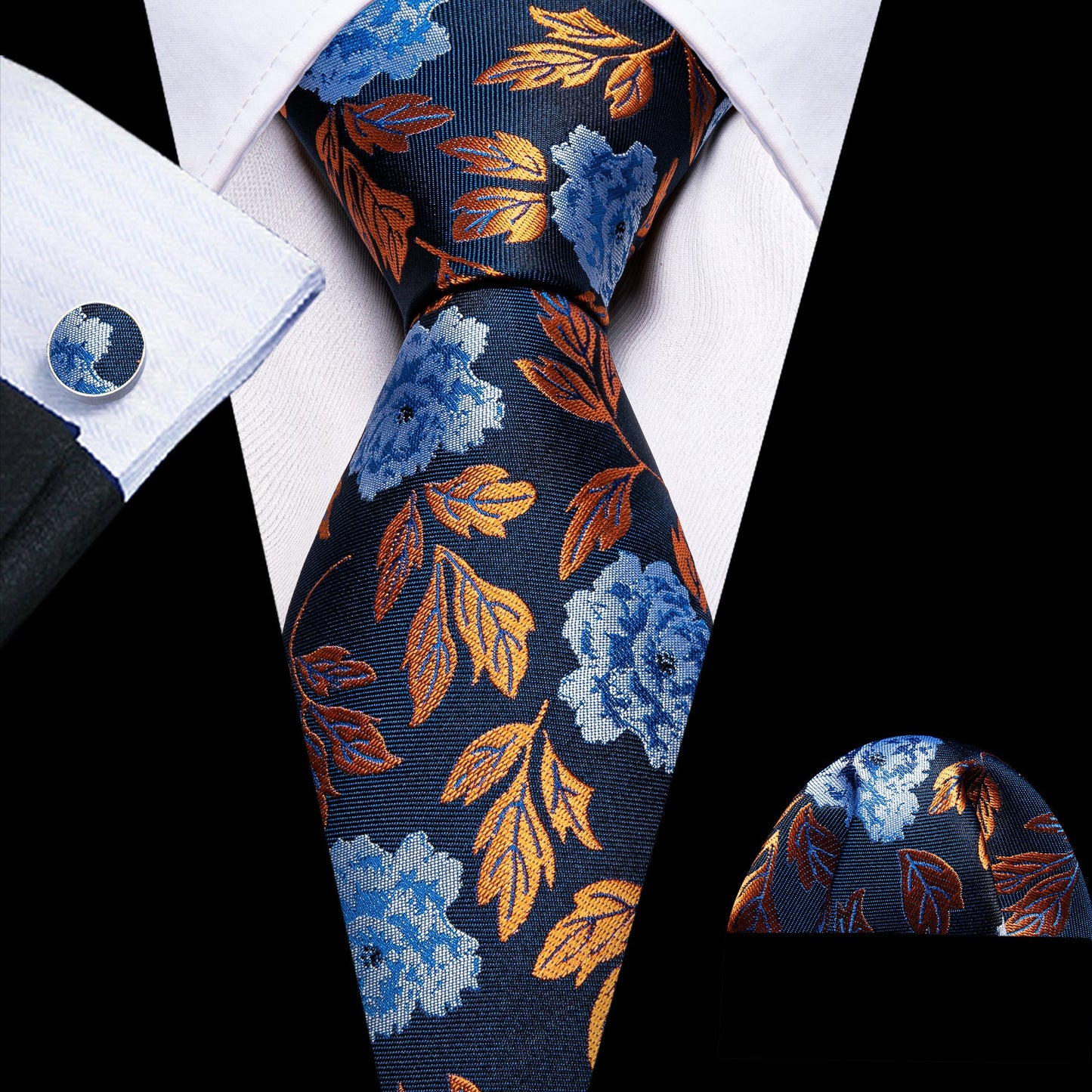 Golden Leaves Silk Tie, Pocket Square and Cufflinks tie sets Default Title - Sophisticated Gentlemen