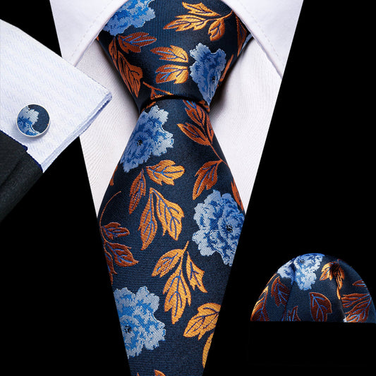 Golden Leaves Silk Tie, Pocket Square and Cufflinks tie sets Default Title - Sophisticated Gentlemen
