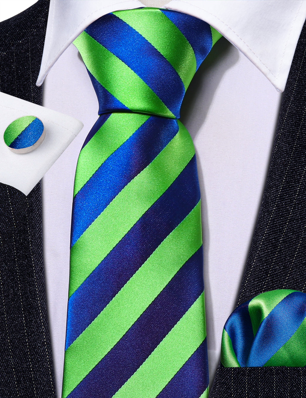 Blue Green Striped Silk Tie, Pocket Square and Cufflinks Set tie sets - Sophisticated Gentlemen