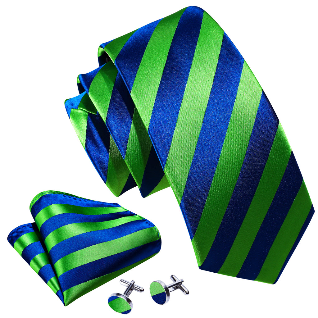 Blue Green Striped Silk Tie, Pocket Square and Cufflinks Set tie sets - Sophisticated Gentlemen