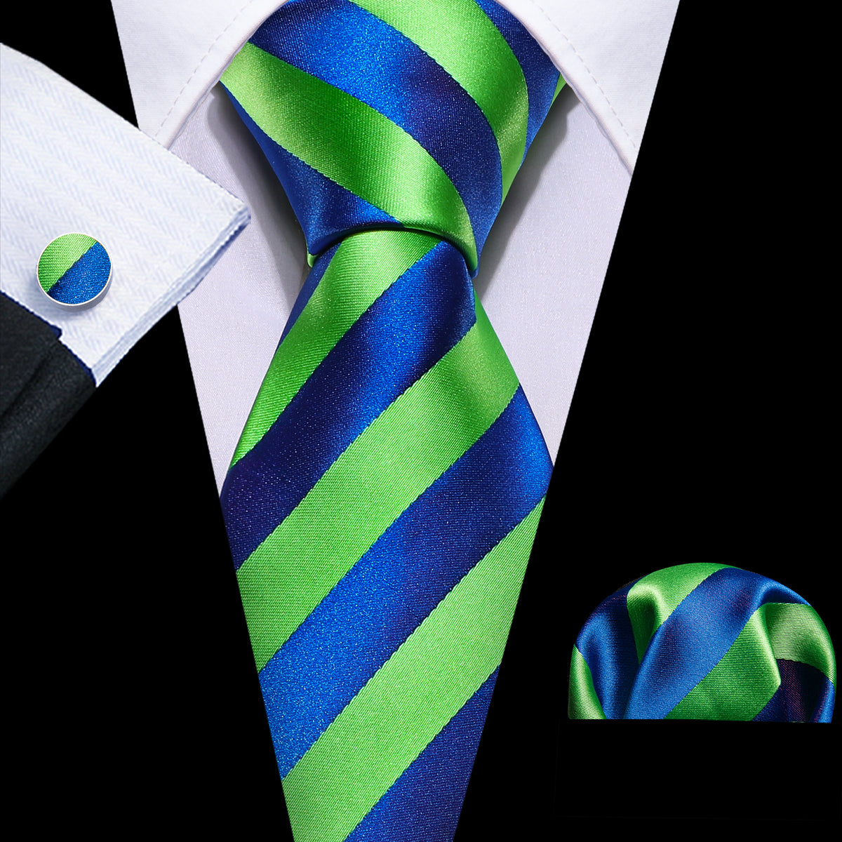 Blue Green Striped Silk Tie, Pocket Square and Cufflinks Set tie sets - Sophisticated Gentlemen