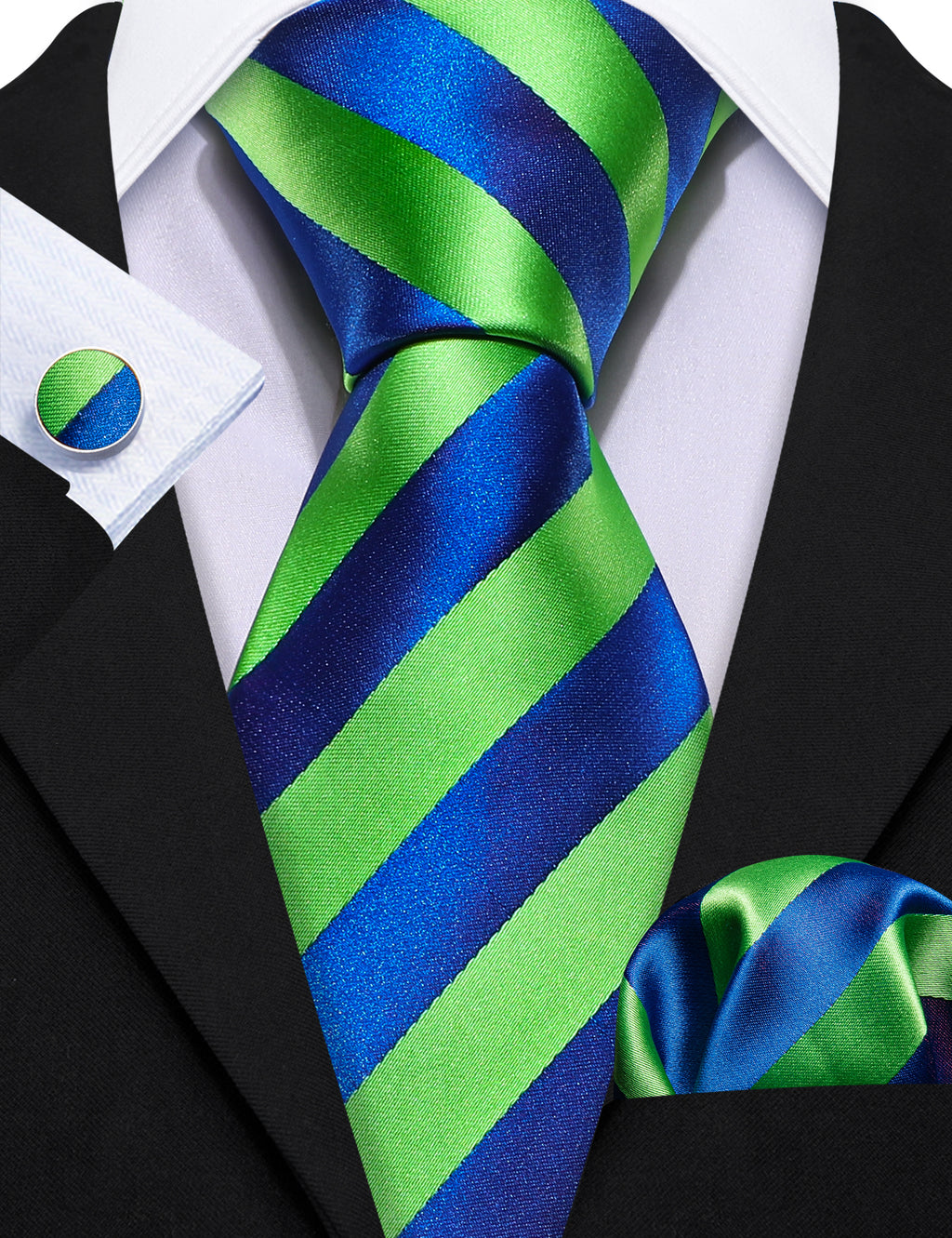 Blue Green Striped Silk Tie, Pocket Square and Cufflinks Set tie sets - Sophisticated Gentlemen