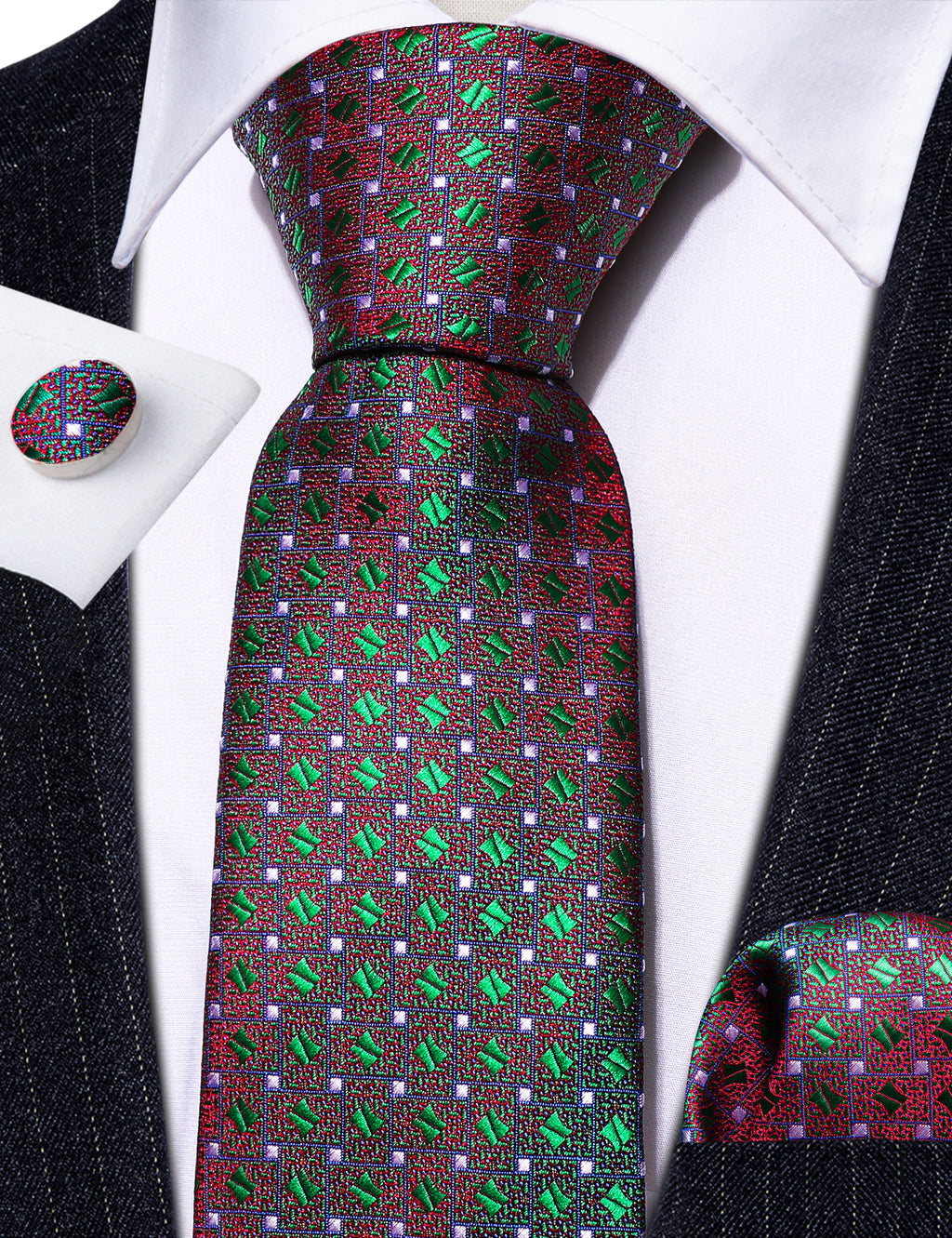 Green Red Novelty Floral Silk Tie, Pocket Square and Cufflinks Set tie sets - Sophisticated Gentlemen