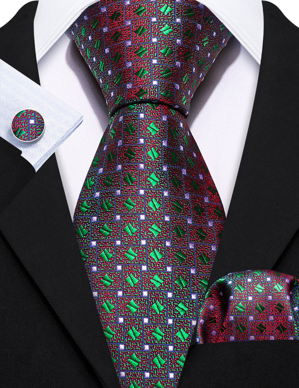 Green Red Novelty Floral Silk Tie, Pocket Square and Cufflinks Set tie sets - Sophisticated Gentlemen