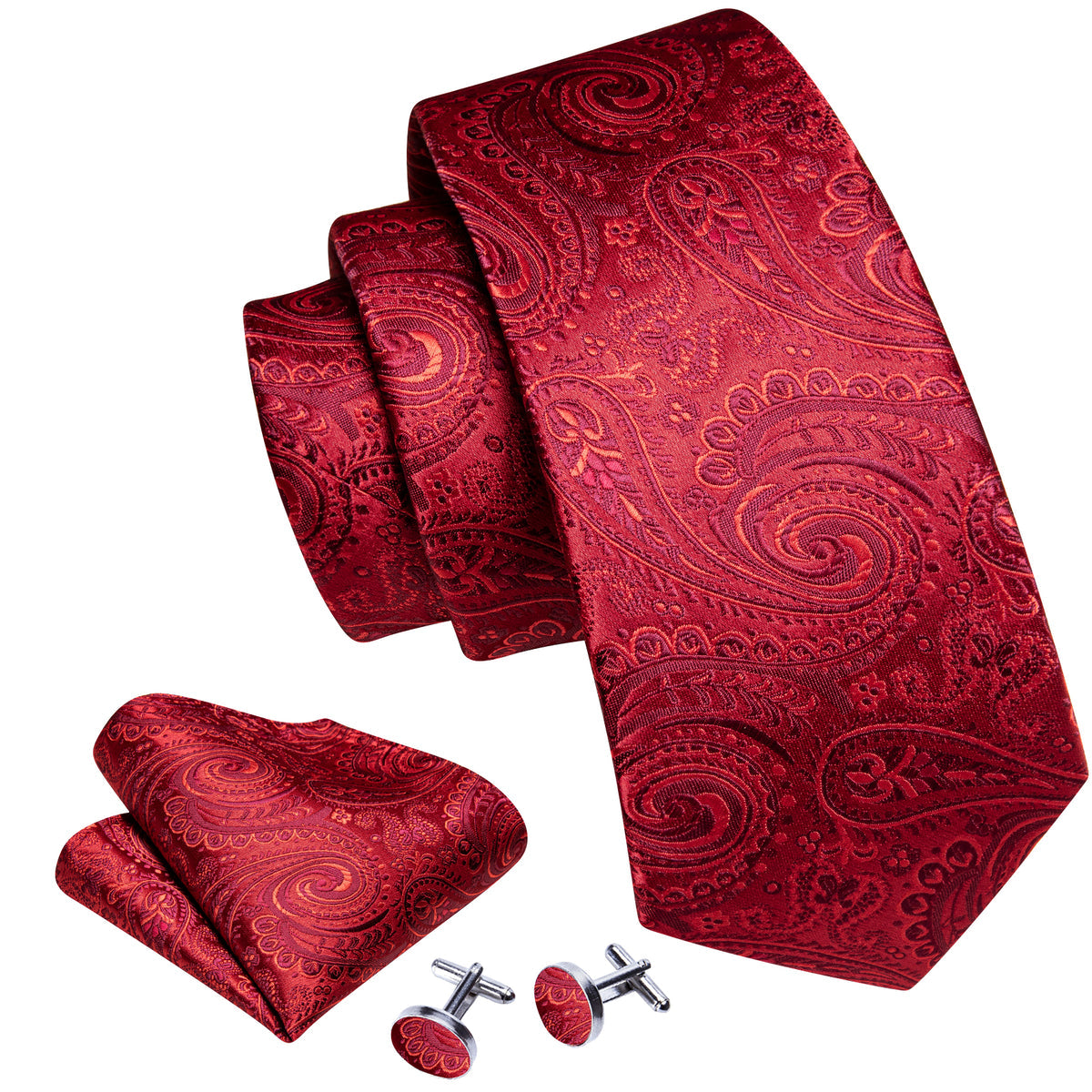 Red Paisley Silk Tie, Pocket Square and Cufflinks Set tie sets    - Sophisticated Gentlemen