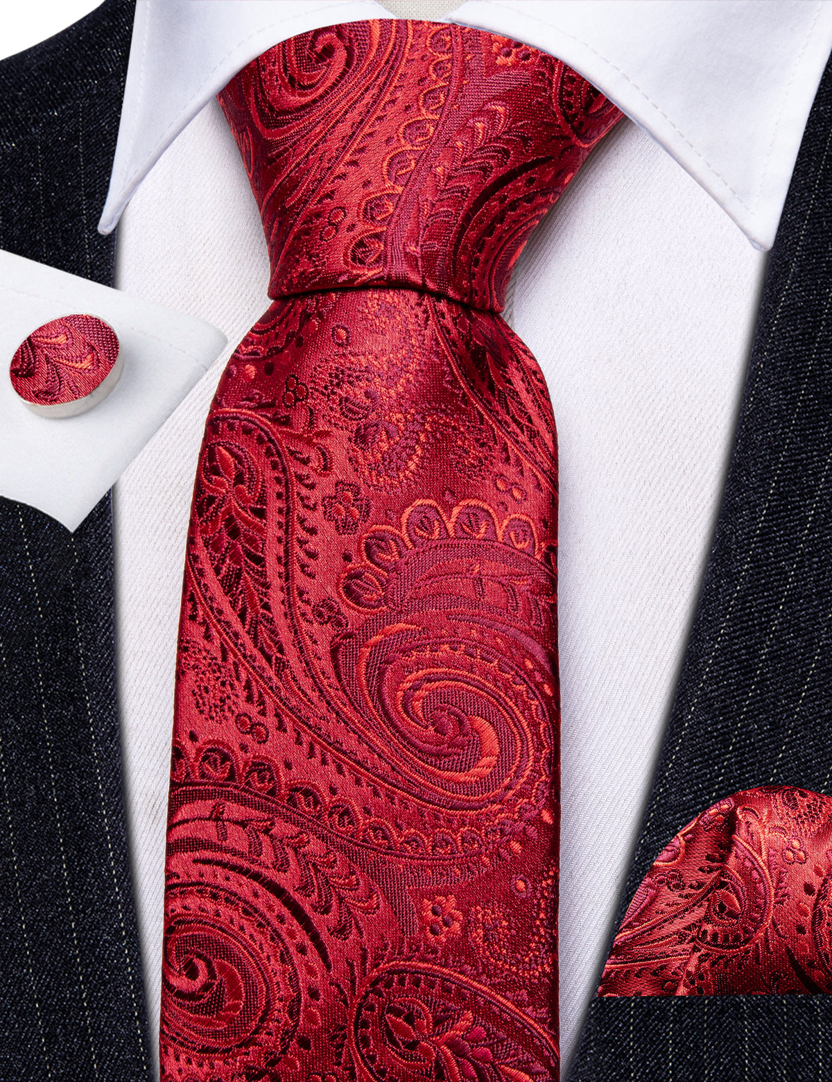 Red Paisley Silk Tie, Pocket Square and Cufflinks Set tie sets    - Sophisticated Gentlemen