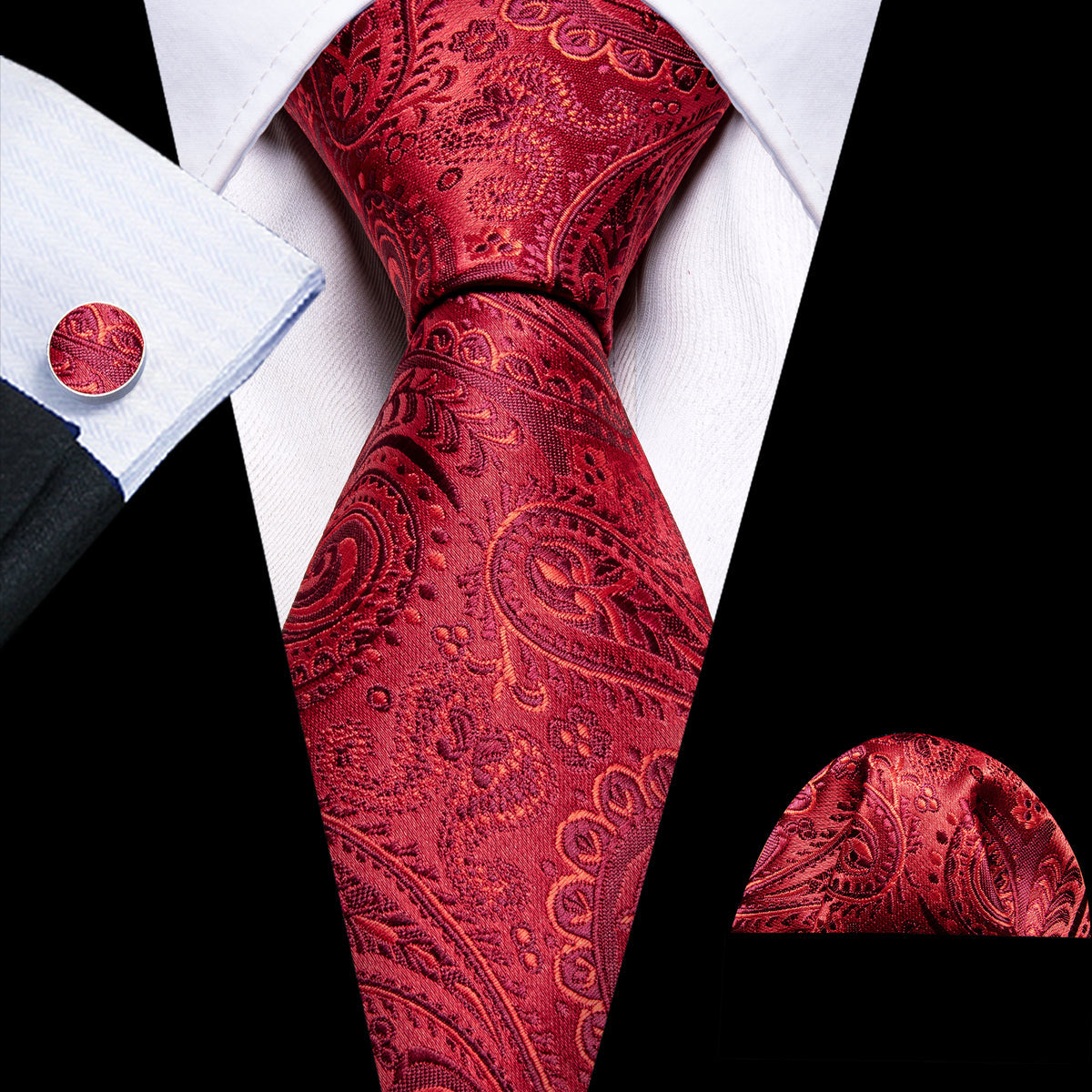 Red Paisley Silk Tie, Pocket Square and Cufflinks Set tie sets    - Sophisticated Gentlemen