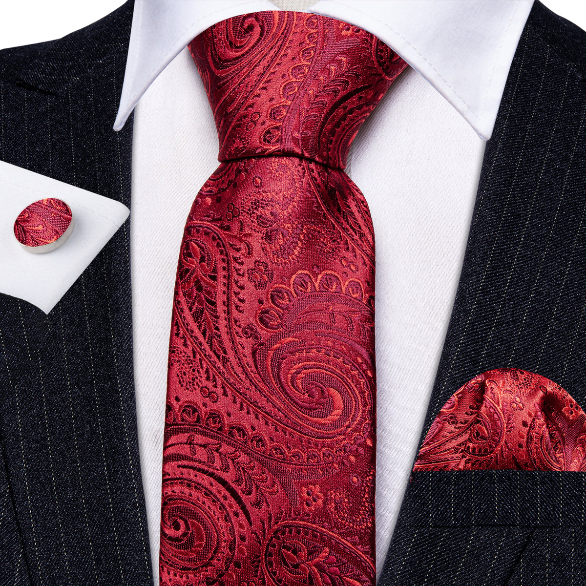 Red Paisley Silk Tie, Pocket Square and Cufflinks Set tie sets    - Sophisticated Gentlemen
