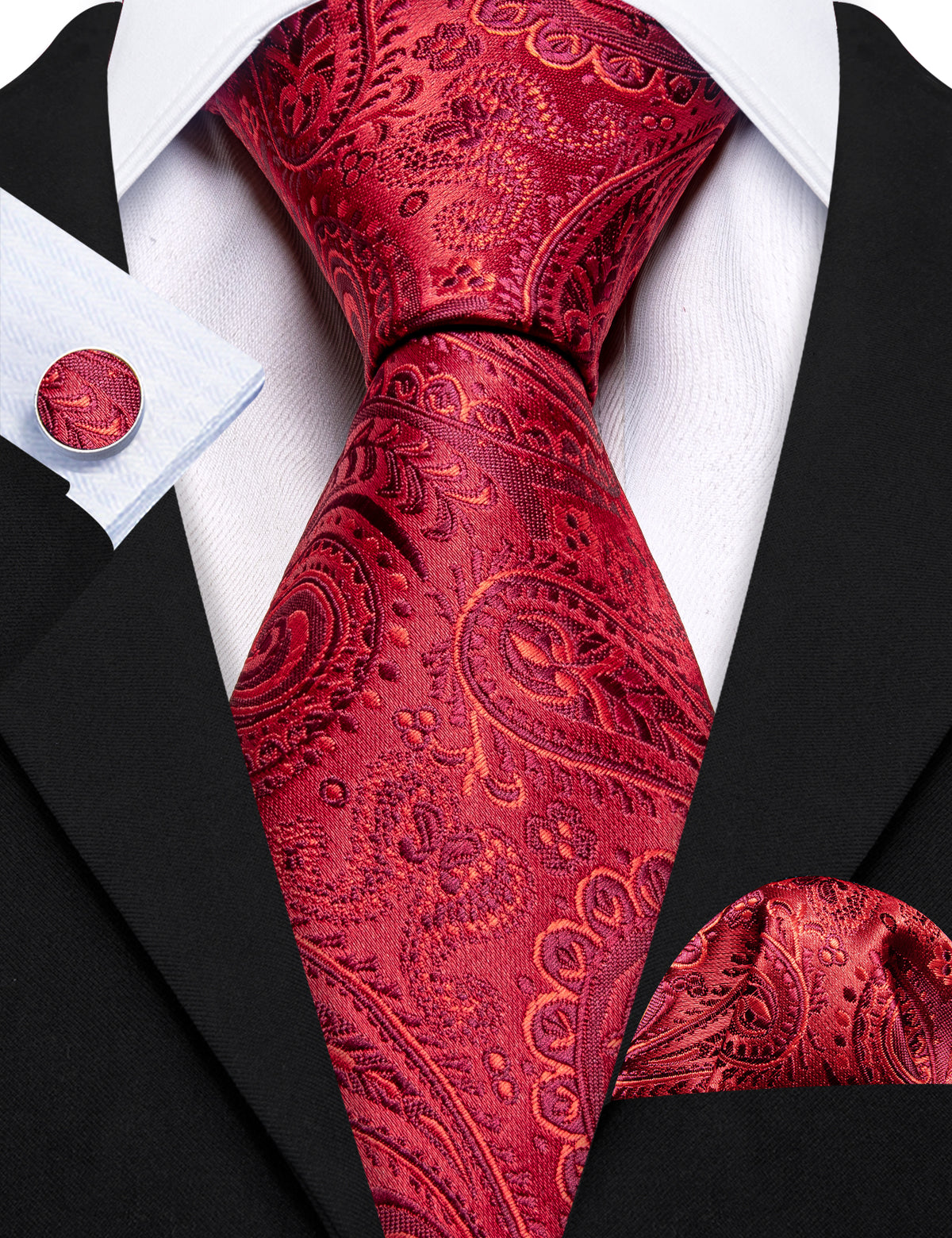 Red Paisley Silk Tie, Pocket Square and Cufflinks Set tie sets    - Sophisticated Gentlemen