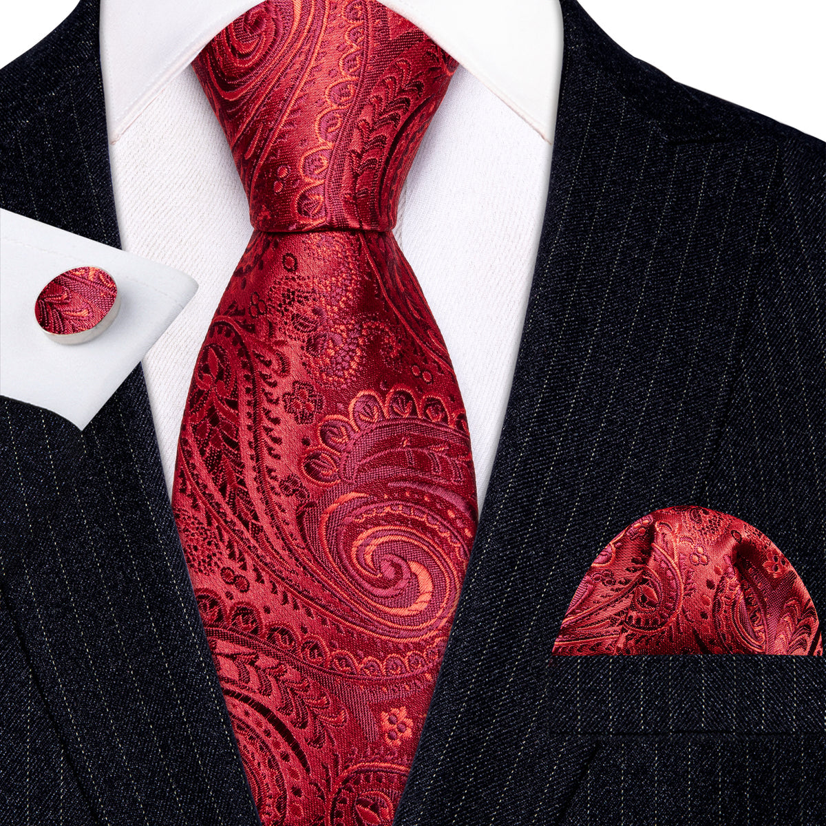 Red Paisley Silk Tie, Pocket Square and Cufflinks Set tie sets    - Sophisticated Gentlemen