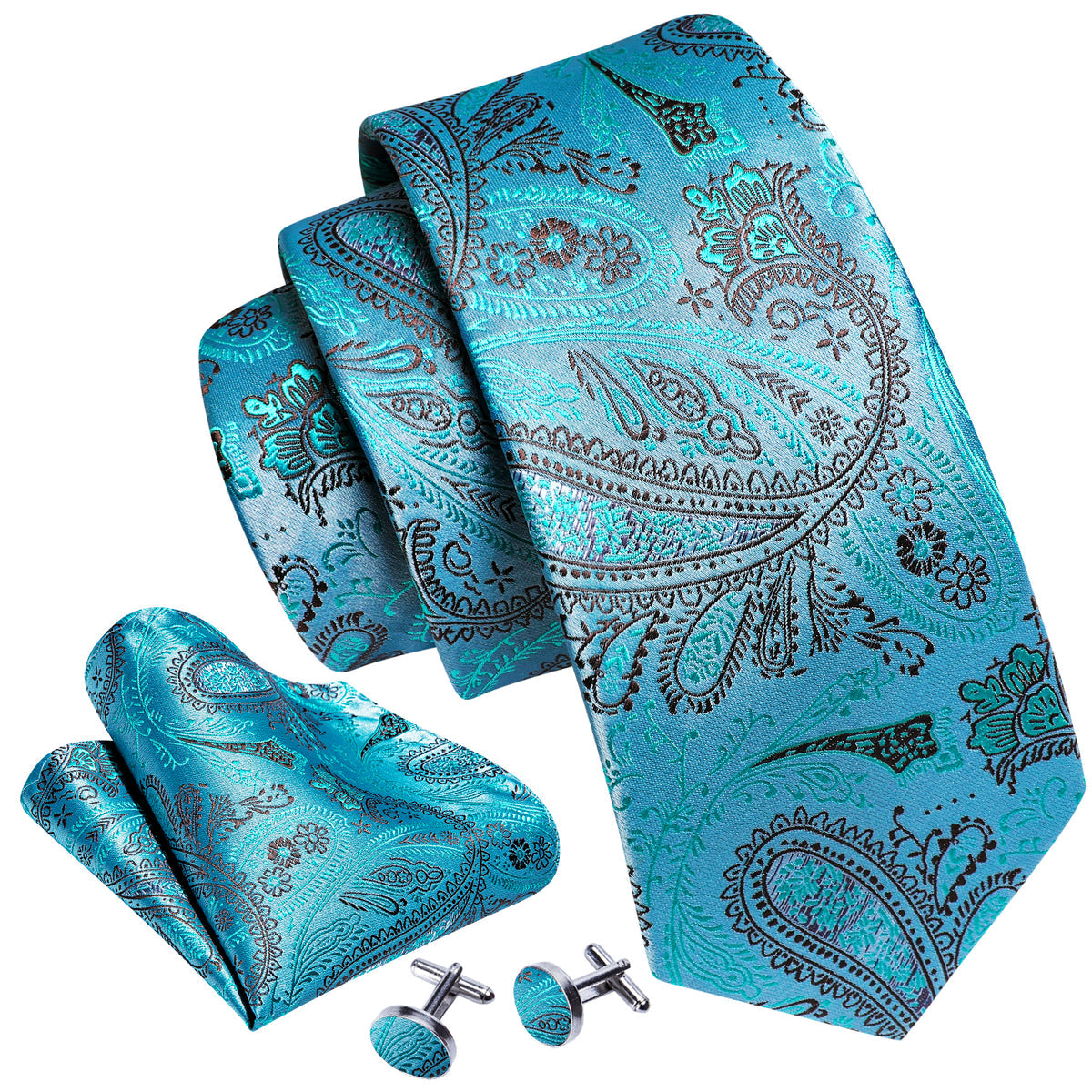 Sky Blue Brown Paisley Silk Tie, Pocket Square and Cufflinks Set tie sets - Sophisticated Gentlemen