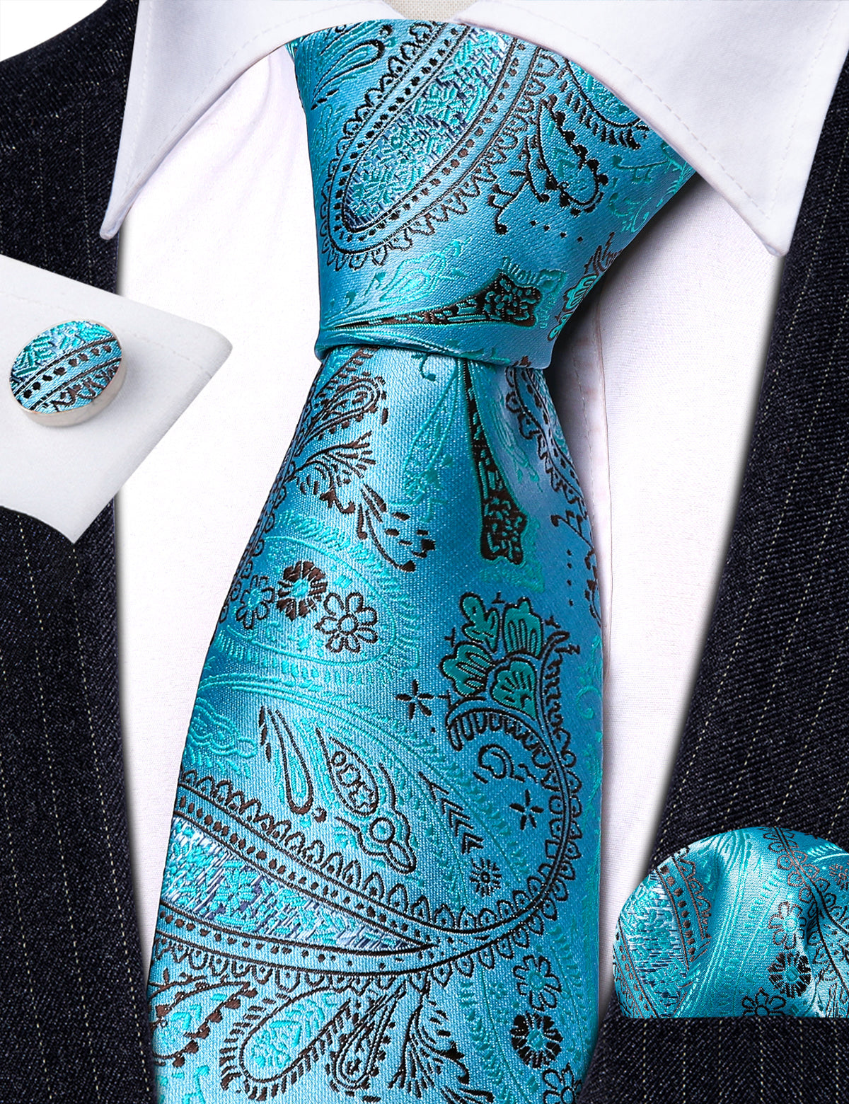 Sky Blue Brown Paisley Silk Tie, Pocket Square and Cufflinks Set tie sets - Sophisticated Gentlemen