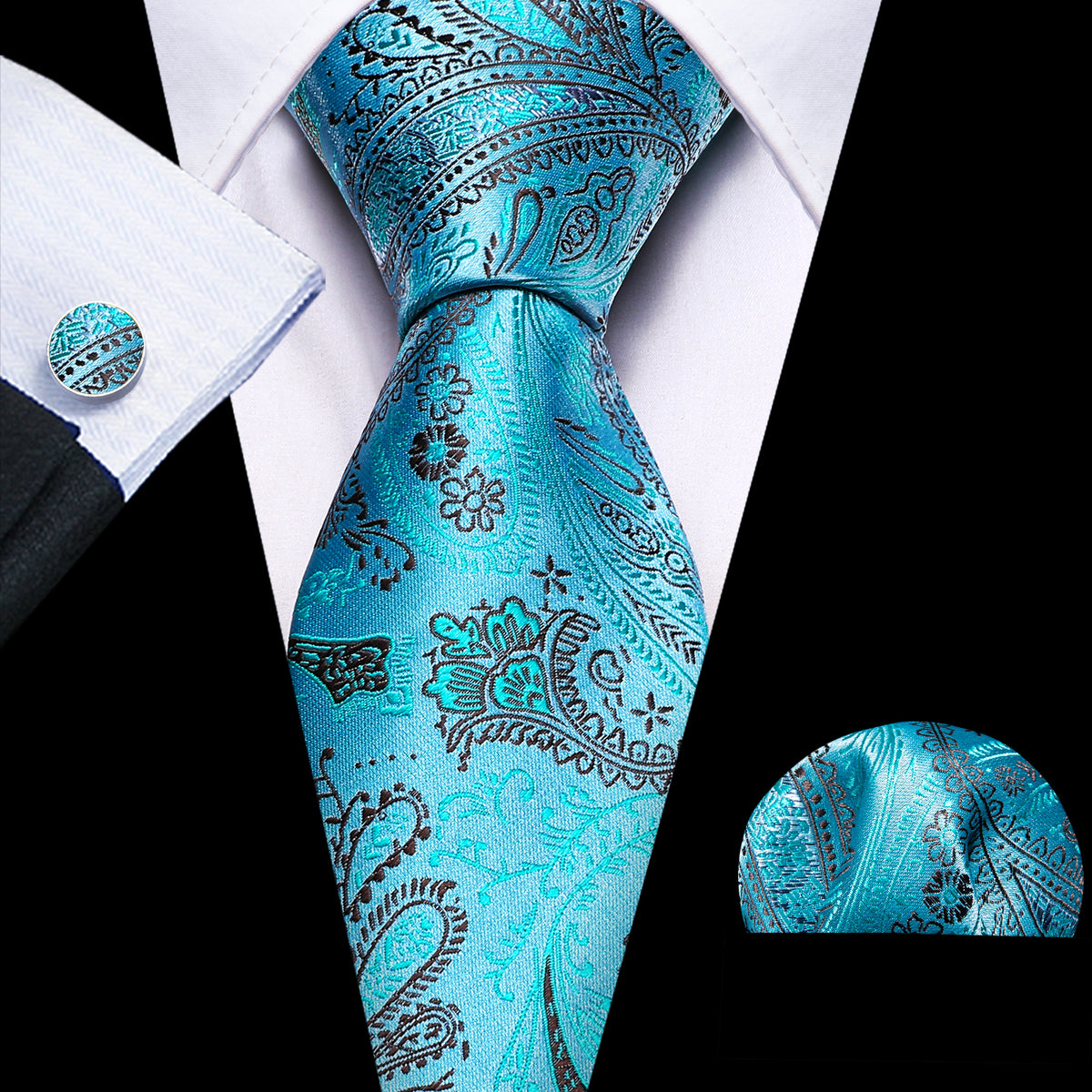 Sky Blue Brown Paisley Silk Tie, Pocket Square and Cufflinks Set tie sets - Sophisticated Gentlemen