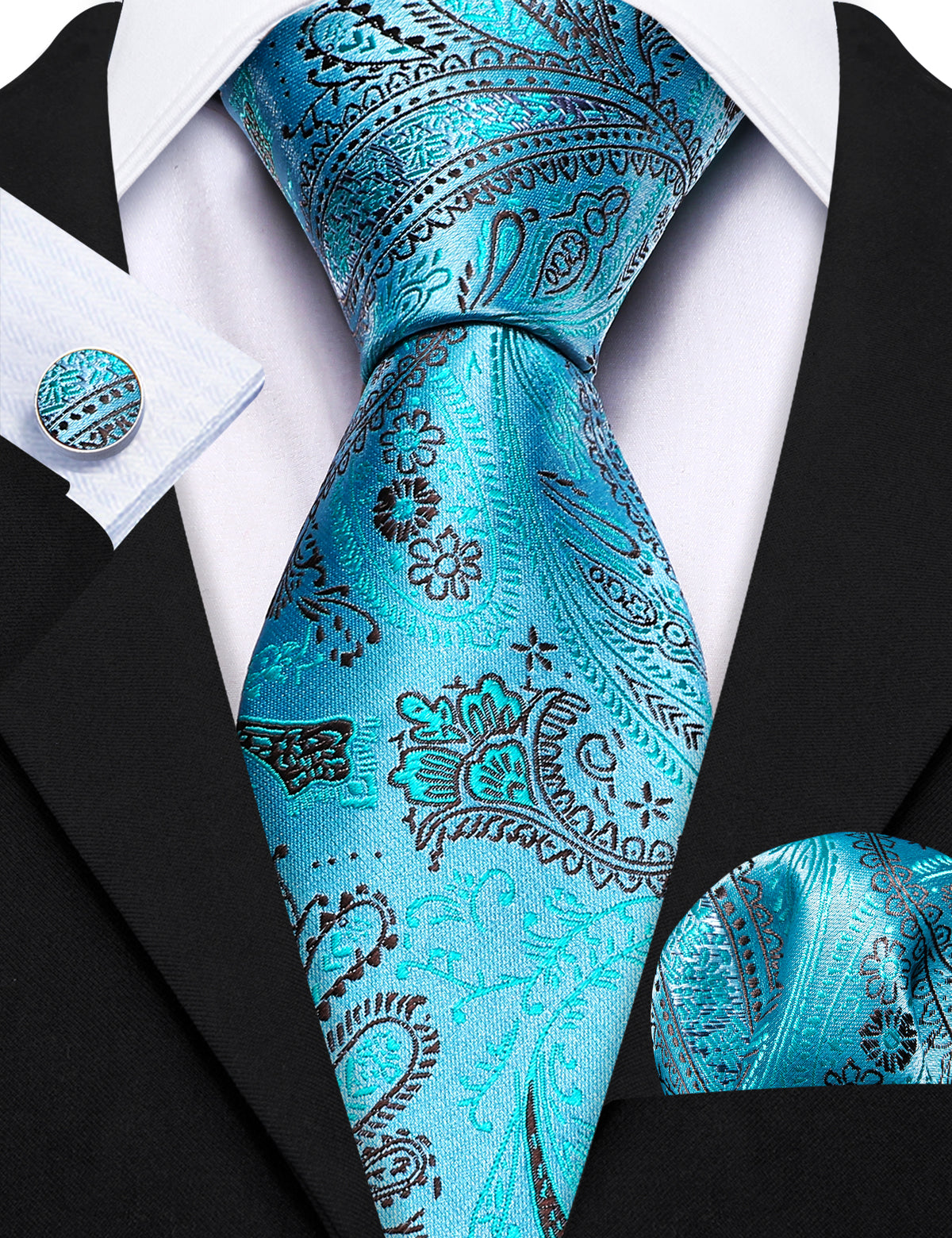 Sky Blue Brown Paisley Silk Tie, Pocket Square and Cufflinks Set tie sets - Sophisticated Gentlemen