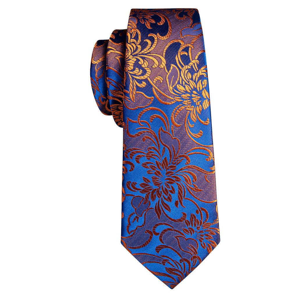 Orange Blue Brown Floral Silk Tie, Pocket Square and Cufflinks Set tie sets - Sophisticated Gentlemen