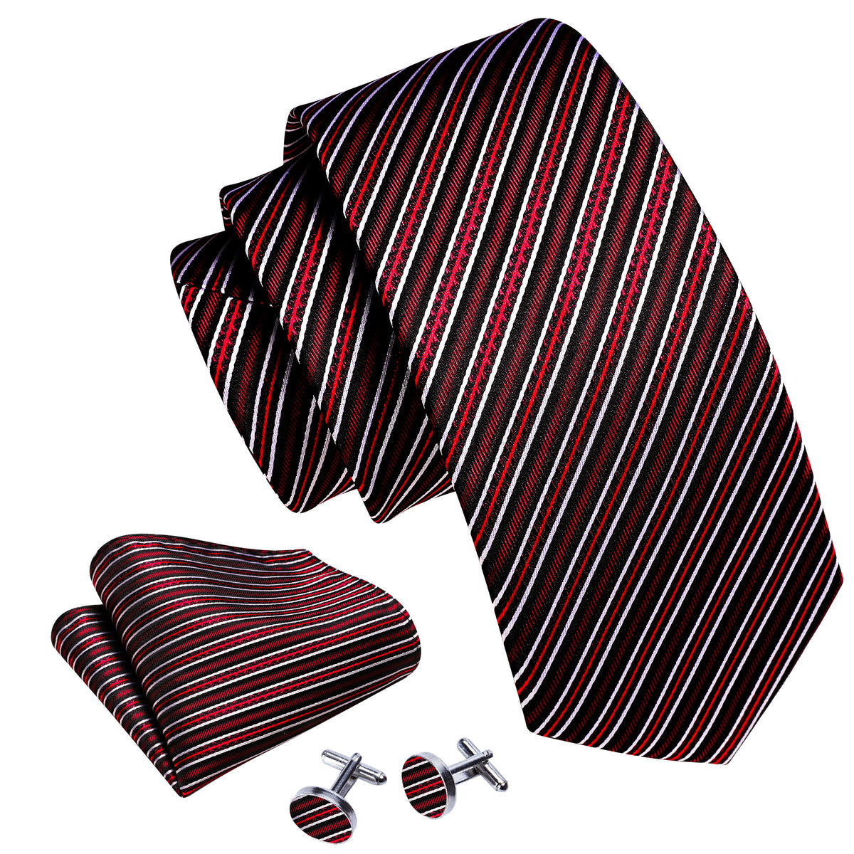 Black Red Classy Striped Silk Tie, Pocket Square and Cufflinks Set tie sets - Sophisticated Gentlemen