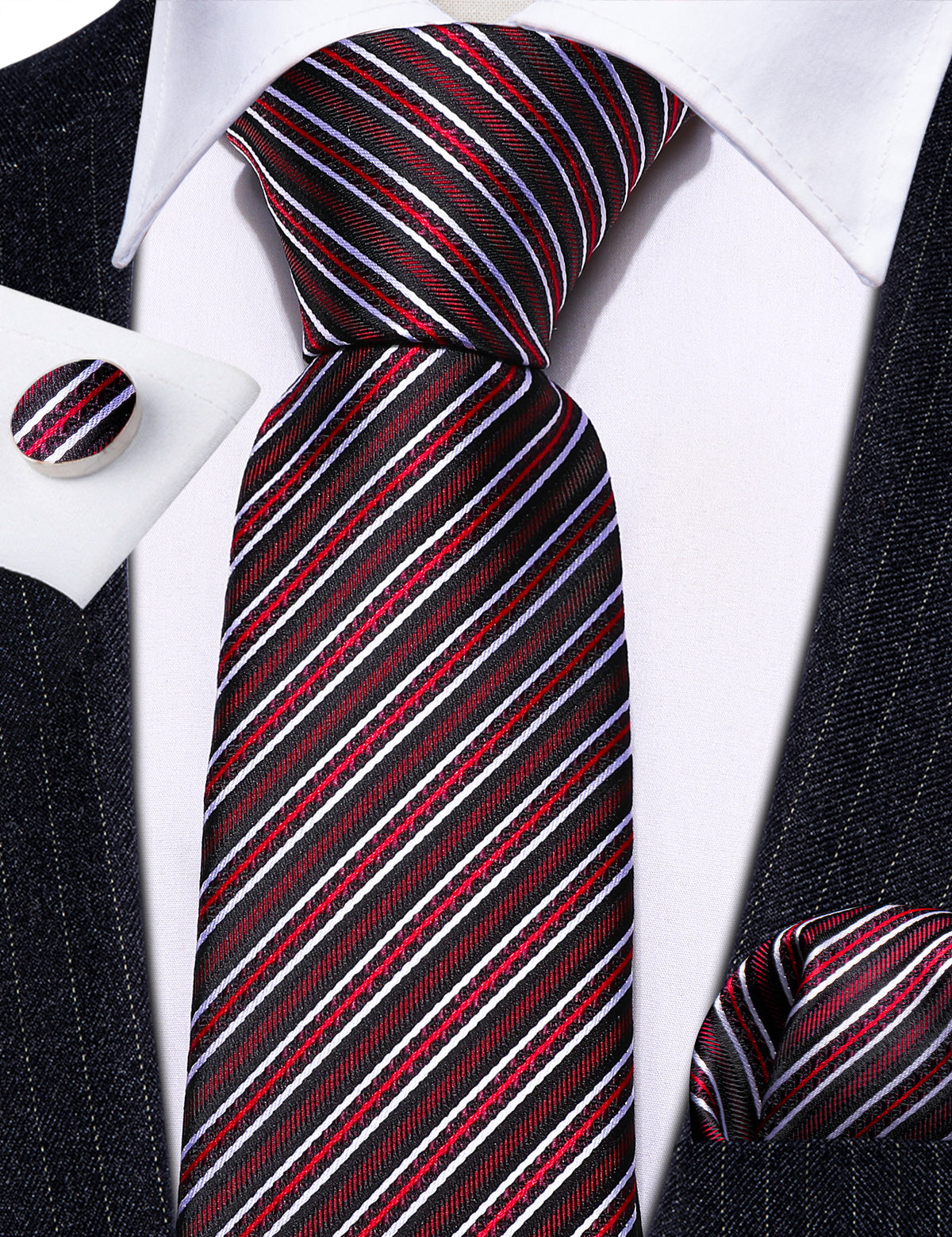 Black Red Classy Striped Silk Tie, Pocket Square and Cufflinks Set tie sets - Sophisticated Gentlemen