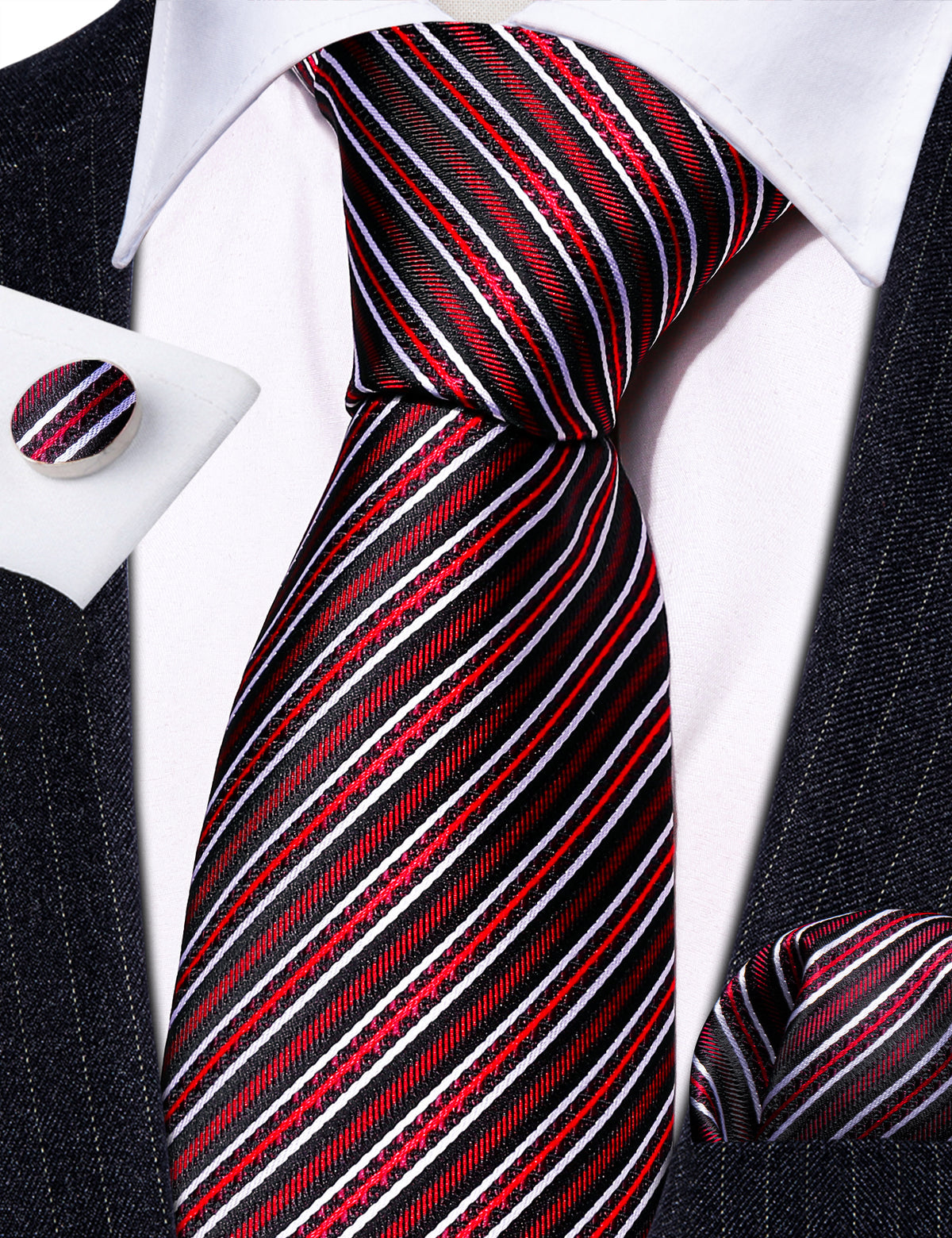 Black Red Classy Striped Silk Tie, Pocket Square and Cufflinks Set tie sets - Sophisticated Gentlemen