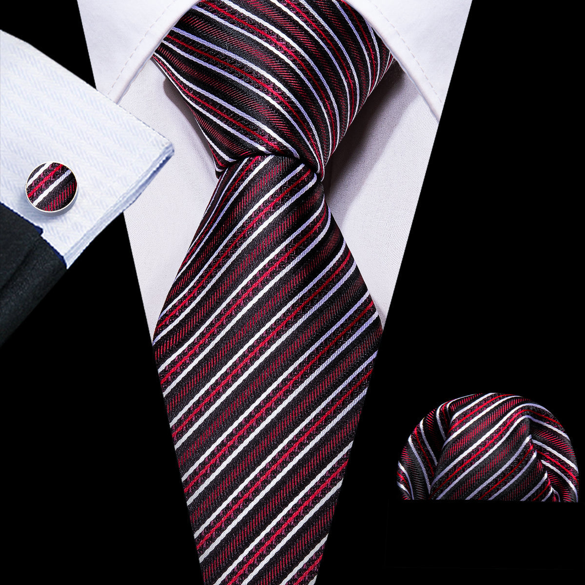Black Red Classy Striped Silk Tie, Pocket Square and Cufflinks Set tie sets - Sophisticated Gentlemen