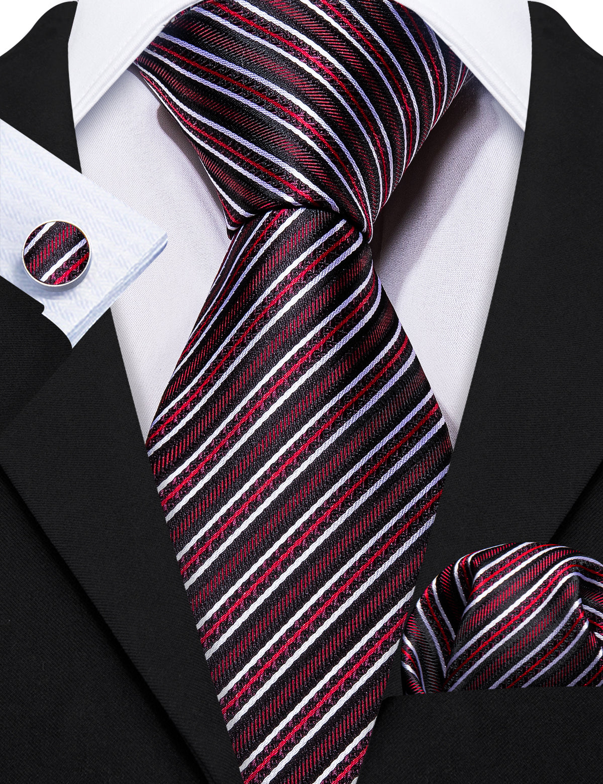 Black Red Classy Striped Silk Tie, Pocket Square and Cufflinks Set tie sets - Sophisticated Gentlemen