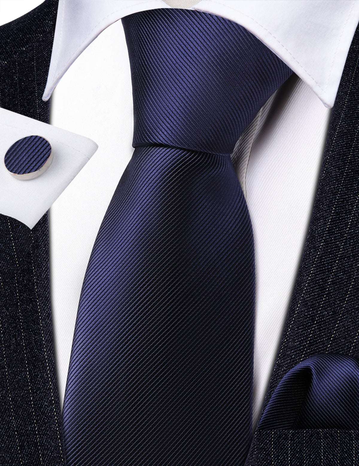 Deep Blue Solid Silk Tie, Pocket Square and Cufflinks Set tie sets - Sophisticated Gentlemen