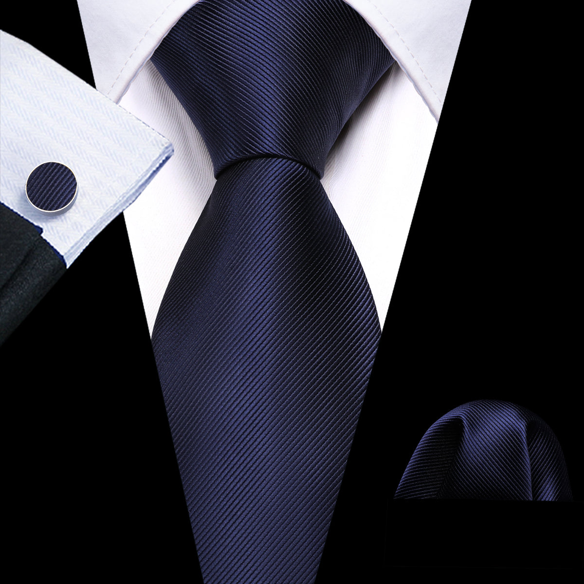 Deep Blue Solid Silk Tie, Pocket Square and Cufflinks Set tie sets - Sophisticated Gentlemen