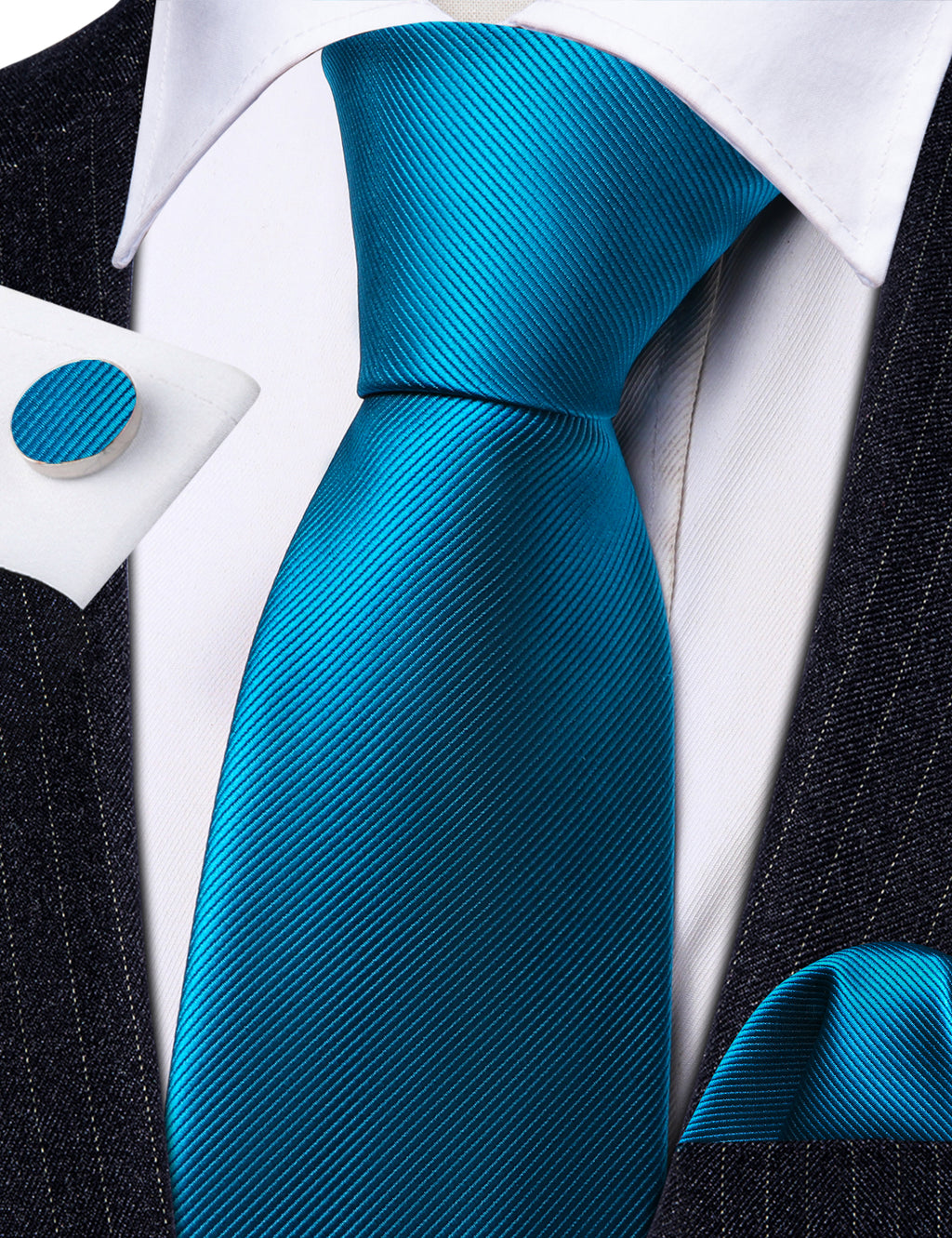 Deep Sky Blue Solid Silk Tie, Pocket Square and Cufflinks Set tie sets - Sophisticated Gentlemen