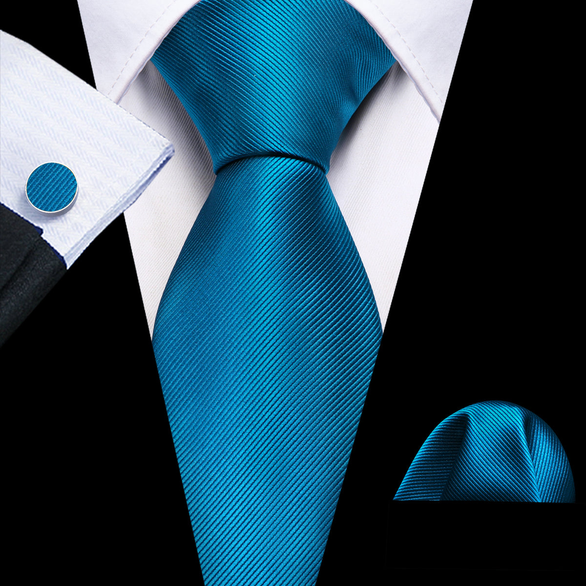 Deep Sky Blue Solid Silk Tie, Pocket Square and Cufflinks Set tie sets - Sophisticated Gentlemen