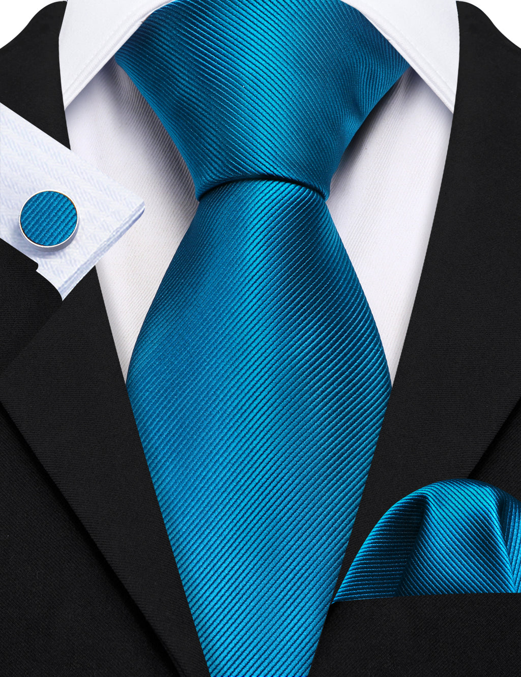 Deep Sky Blue Solid Silk Tie, Pocket Square and Cufflinks Set tie sets - Sophisticated Gentlemen