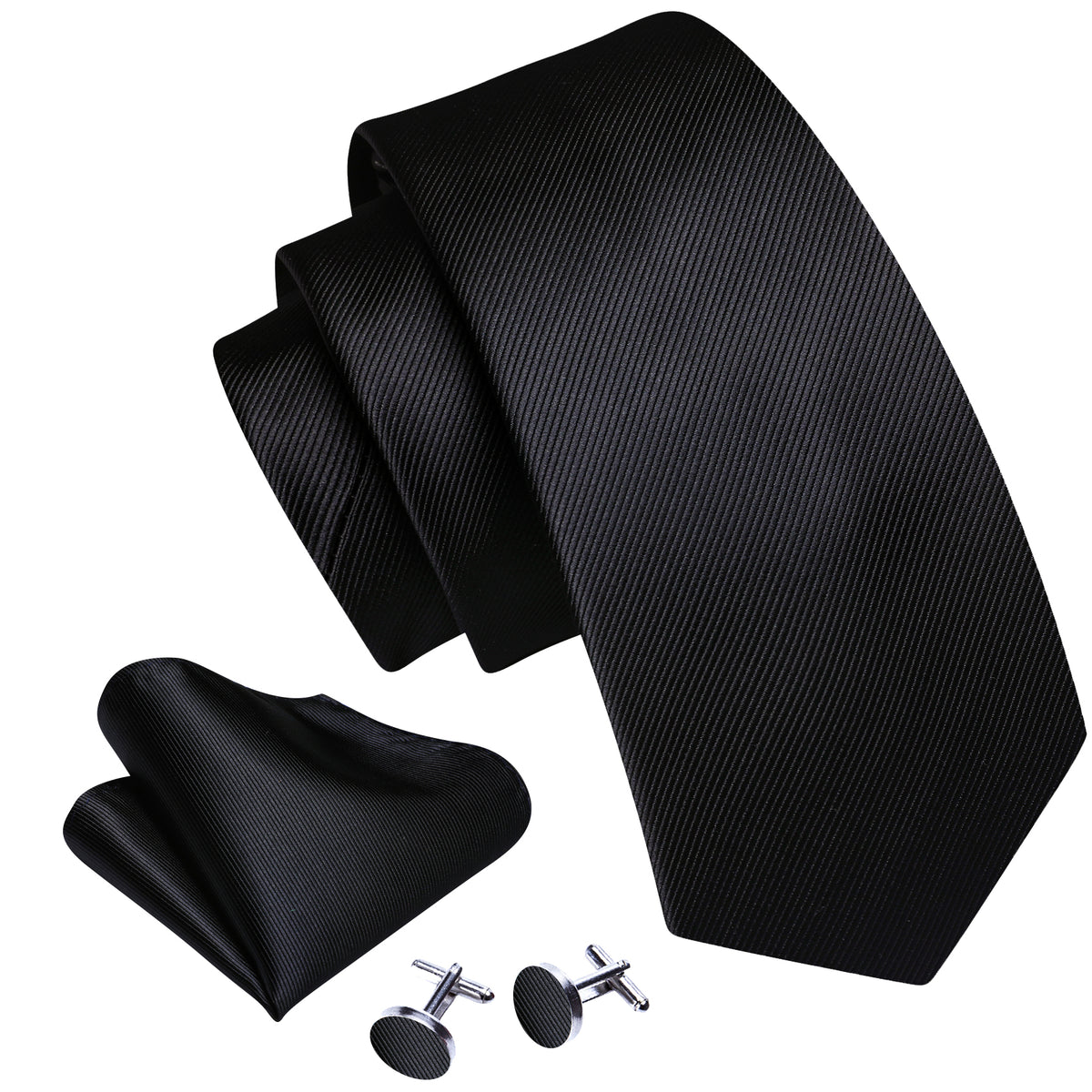 Black Solid Silk Tie, Pocket Square and Cufflinks Set tie sets - Sophisticated Gentlemen