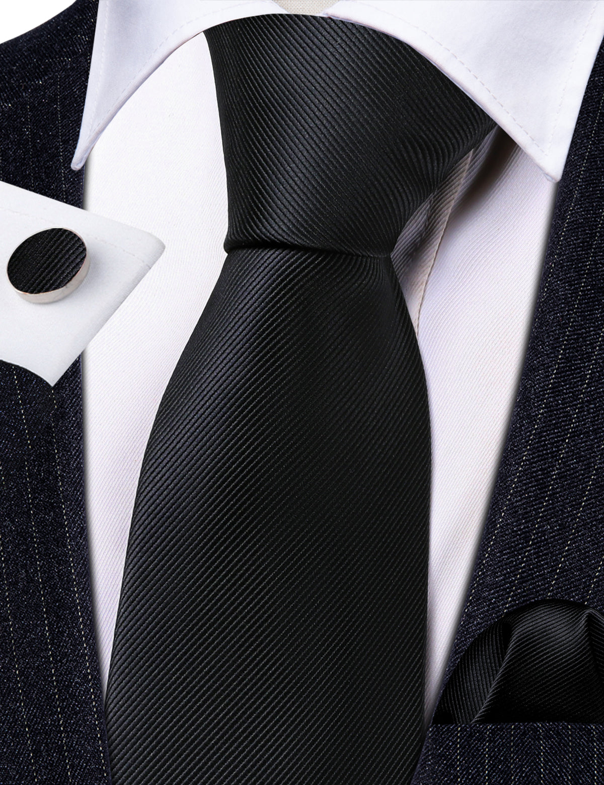 Black Solid Silk Tie, Pocket Square and Cufflinks Set tie sets - Sophisticated Gentlemen