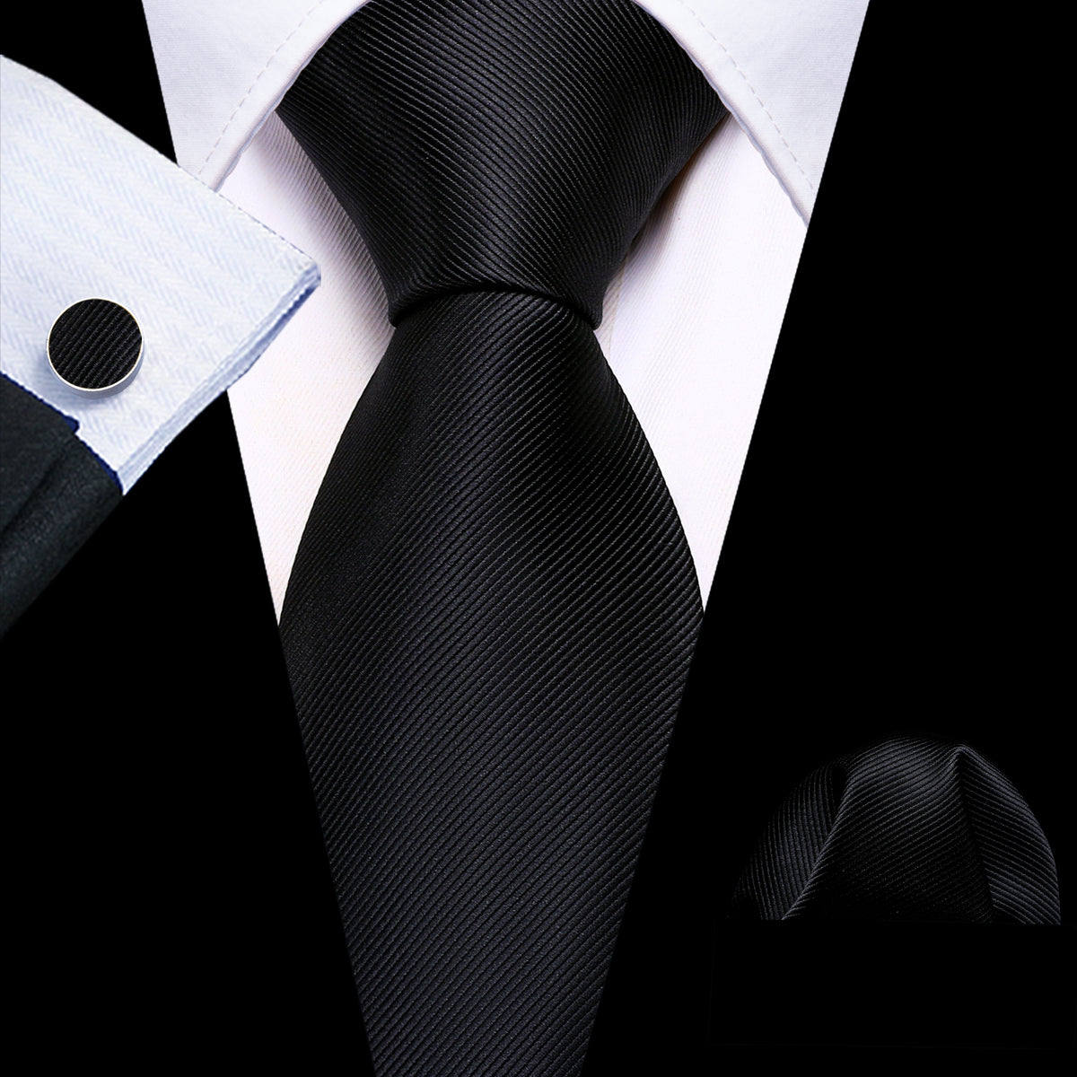 Black Solid Silk Tie, Pocket Square and Cufflinks Set tie sets - Sophisticated Gentlemen