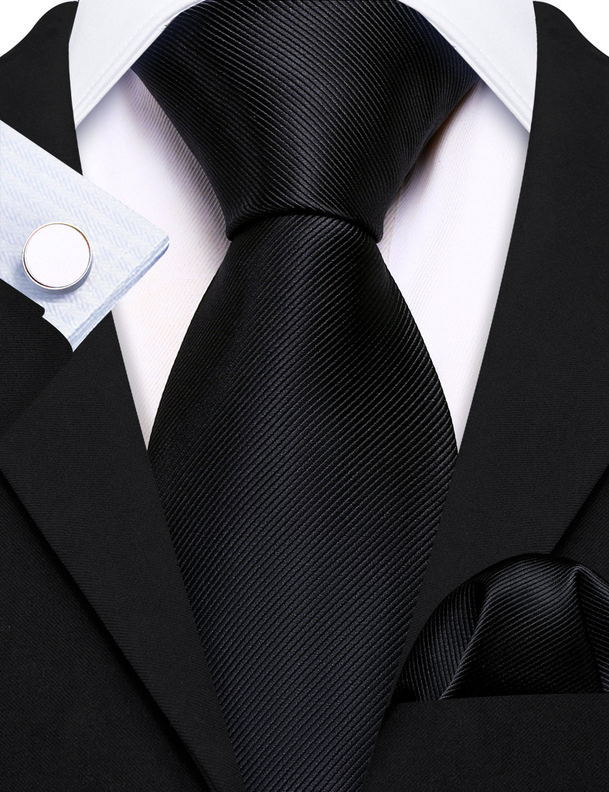 Black Solid Silk Tie, Pocket Square and Cufflinks Set tie sets - Sophisticated Gentlemen