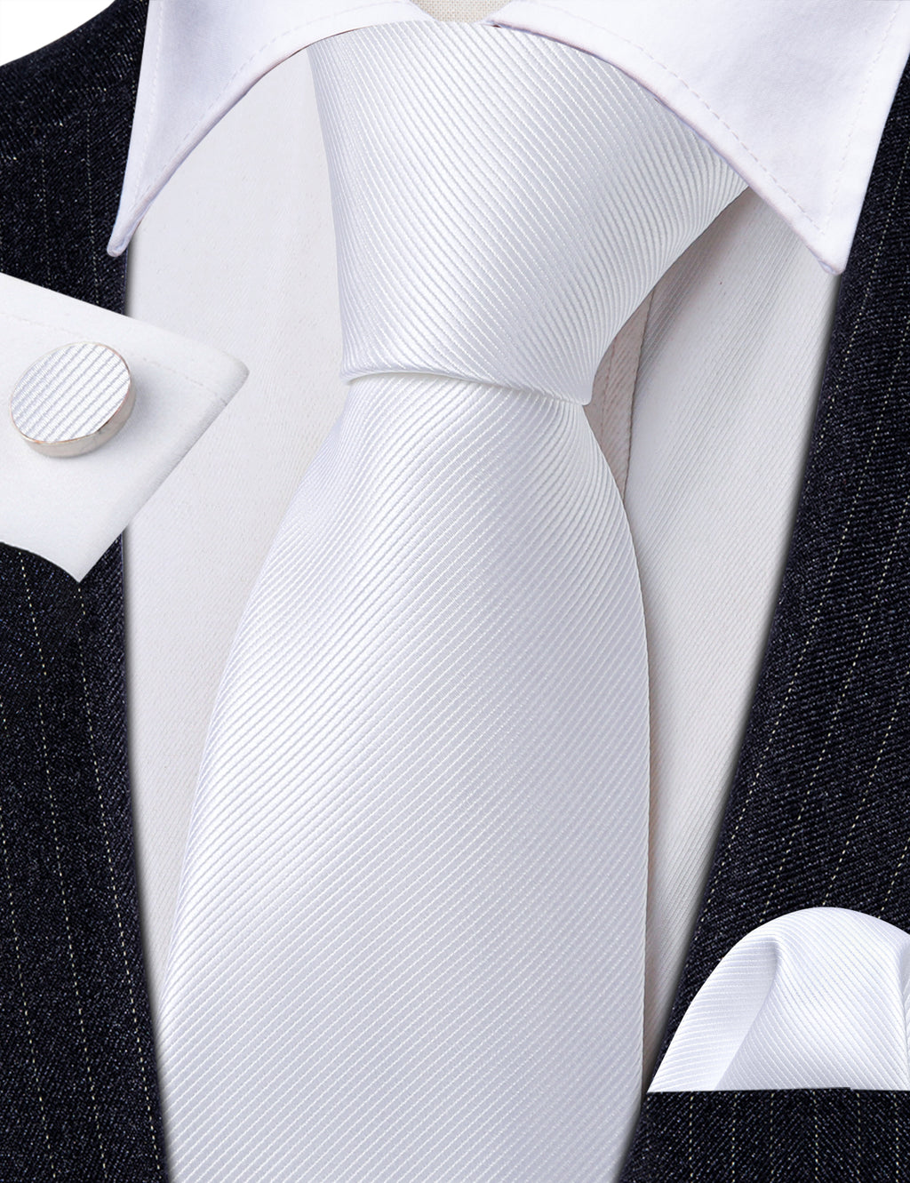 White Solid Silk Tie, Pocket Square and Cufflinks Set tie sets - Sophisticated Gentlemen