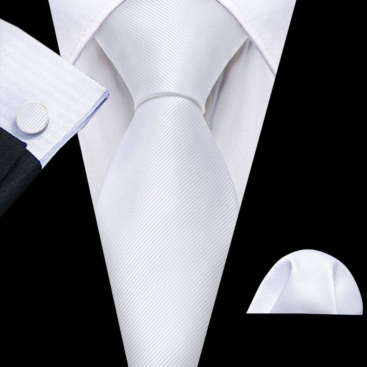 White Solid Silk Tie, Pocket Square and Cufflinks Set tie sets - Sophisticated Gentlemen