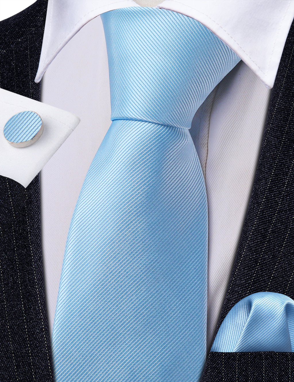 Pale Blue Solid Silk Tie, Pocket Square and Cufflinks Set tie sets - Sophisticated Gentlemen