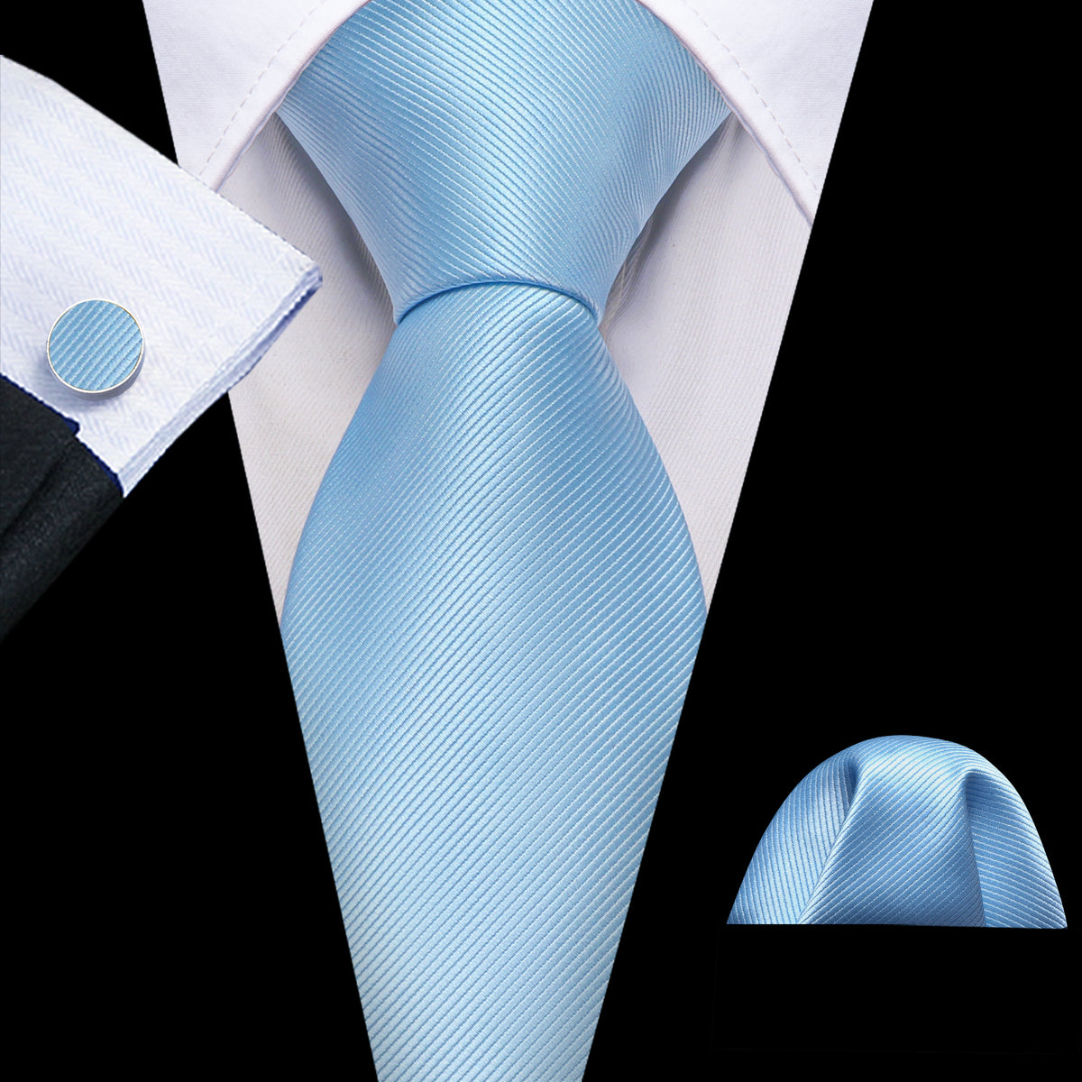 Pale Blue Solid Silk Tie, Pocket Square and Cufflinks Set tie sets - Sophisticated Gentlemen