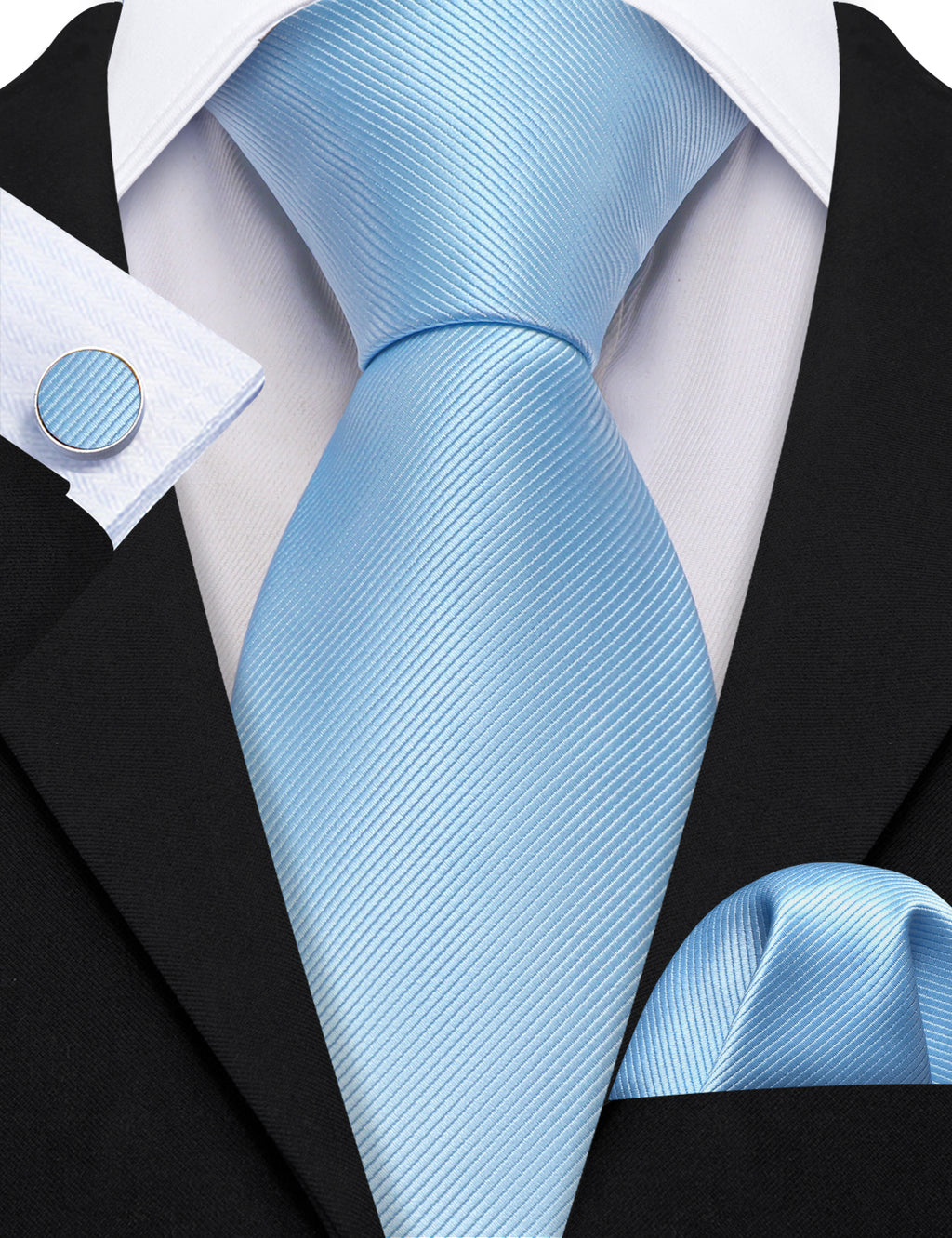 Pale Blue Solid Silk Tie, Pocket Square and Cufflinks Set tie sets - Sophisticated Gentlemen