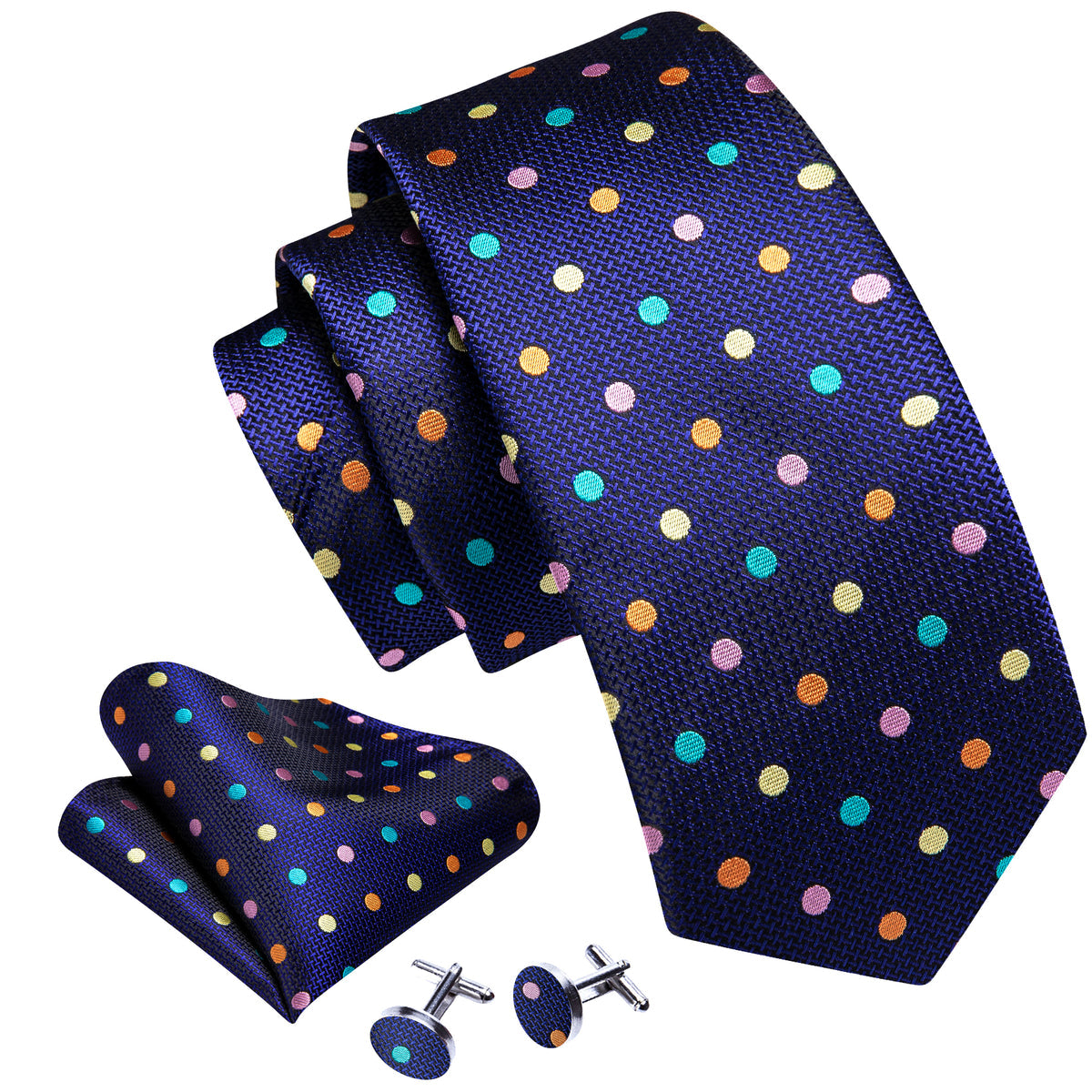 Blue Pink Yellow Polka Dot Silk Tie, Pocket Square and Cufflinks Set tie sets - Sophisticated Gentlemen