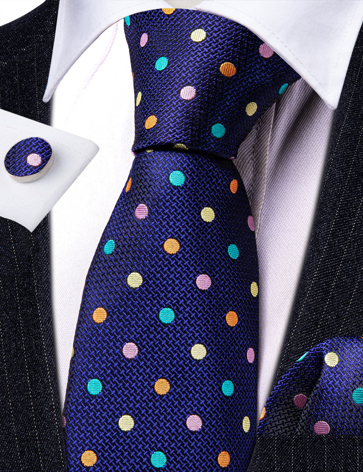 Blue Pink Yellow Polka Dot Silk Tie, Pocket Square and Cufflinks Set tie sets - Sophisticated Gentlemen