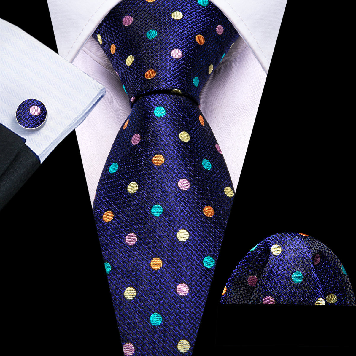 Blue Pink Yellow Polka Dot Silk Tie, Pocket Square and Cufflinks Set tie sets - Sophisticated Gentlemen