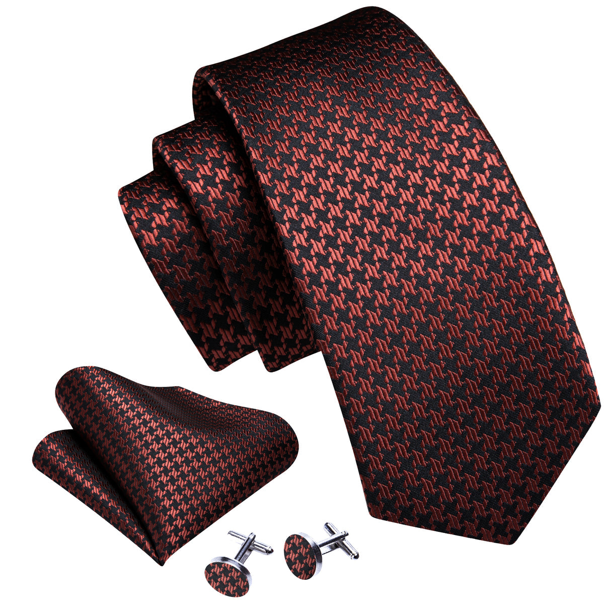 Brown Geometric Silk Tie, Pocket Square and Cufflinks Set tie sets - Sophisticated Gentlemen