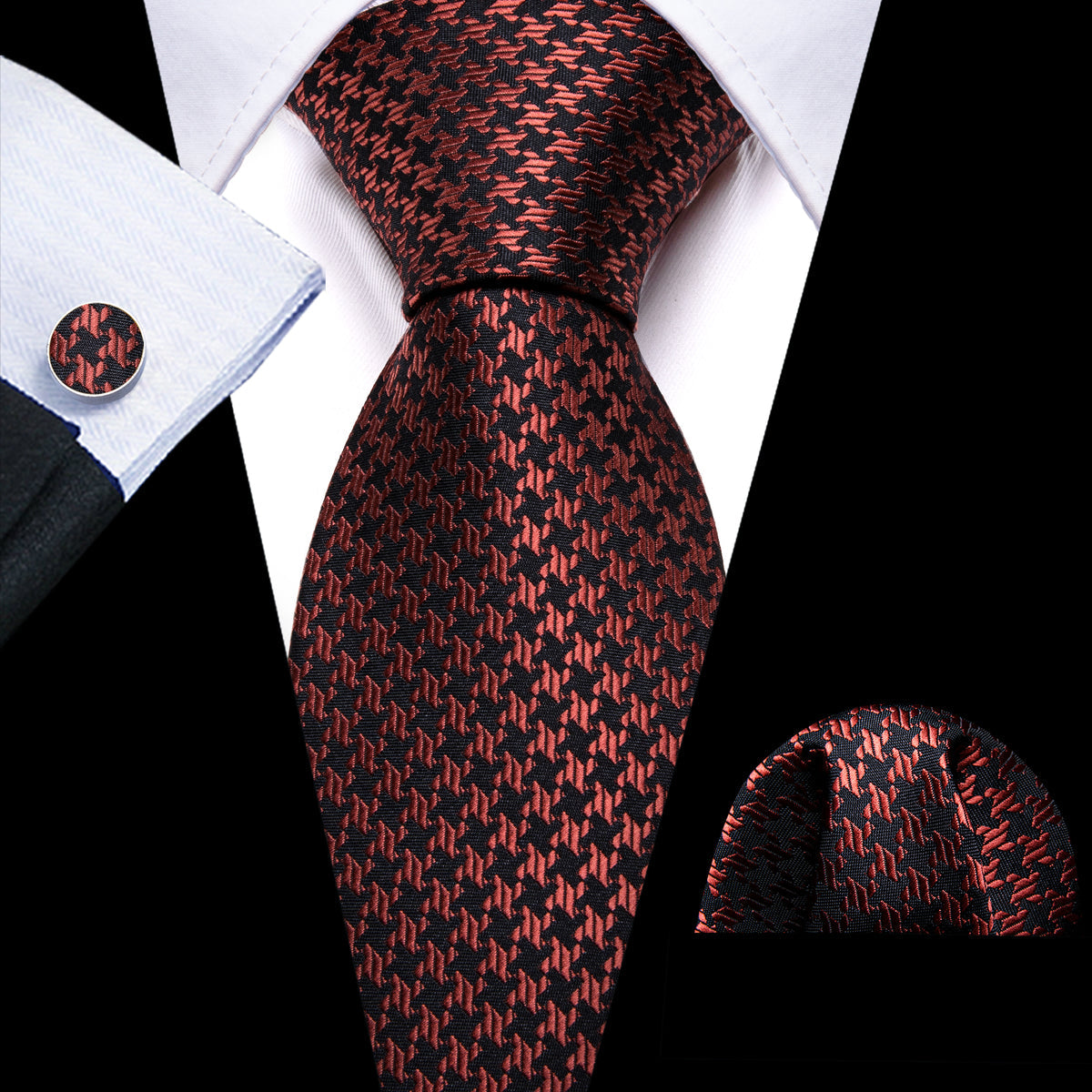Brown Geometric Silk Tie, Pocket Square and Cufflinks Set tie sets - Sophisticated Gentlemen