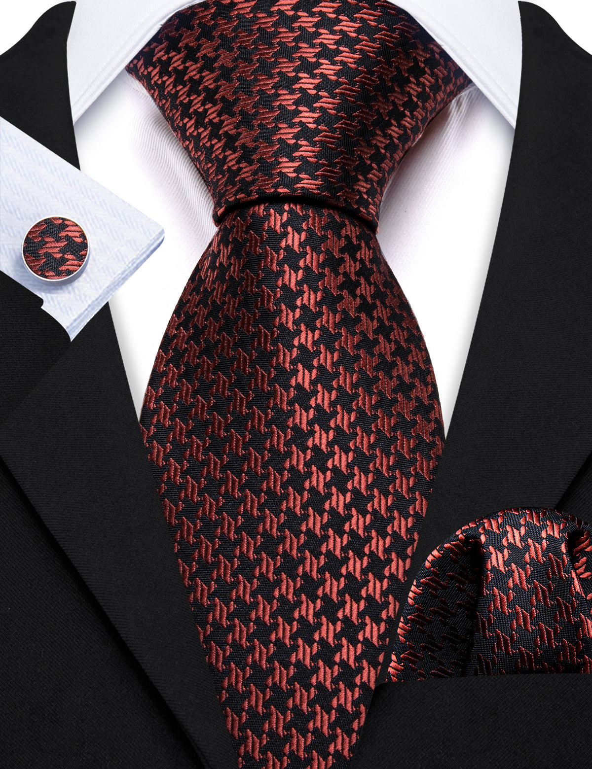 Brown Geometric Silk Tie, Pocket Square and Cufflinks Set tie sets - Sophisticated Gentlemen